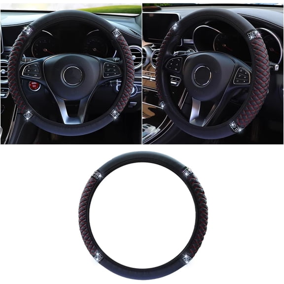 Bling Soft Leather Steering Wheel Cover, 15 Inch Colorful Rhinestones Auto Elastic Protector with Crystal Diamond for Women Girls, Car Accessories for Most Cars, SUVs (Black Red)