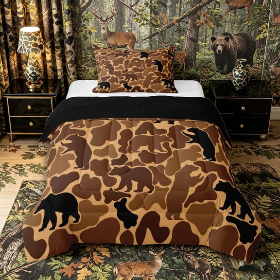 Castle Fairy Camo Bear Silhouette Twin Comforter Sets 2pcs,Vintage Camouflage Animal Bedding Set,Tan Dark Brown,Black Reversible,1 Comforter and 1 Pillowcase