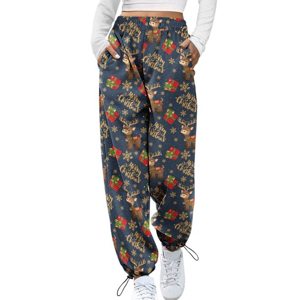 Pntutb Pantalones con cordón de bolsillo con cintura elástica y estampado navideño para mujer Pntutb Pntutb-6985