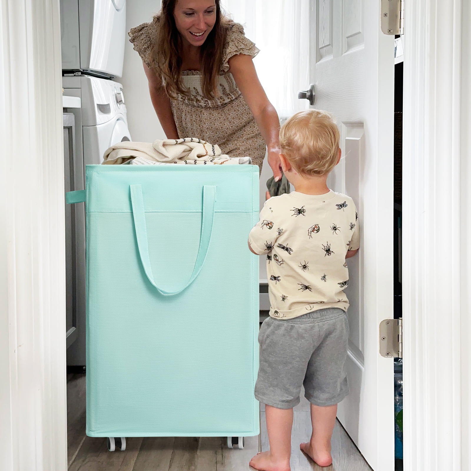 HICHEN Rolling Laundry Basket with Wheels,75L Large Collapsible Laundry Hamper with Removable Wash Bag Space for living room, Blue