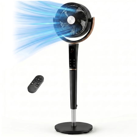 EDX Bedroom Pedestal Fan, Quiet 20dB DC Air Circulator, 15 Speeds 5 Modes, 120° Oscillation, 12H Timer, 1050CFM Airflow, 37-45" Adjustable Height, LED Light, Standing Fan with Remote, Black