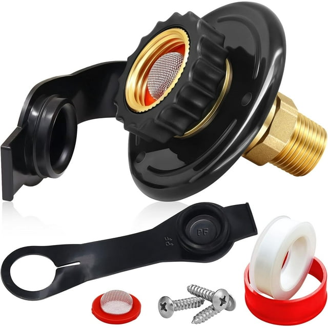WWS-RV City Water Inlet with Check Valve, 3/4 NH Female to 1/2 NPT Male Black Flange RV Fresh Water Inlet, Lead-free Brass RV Water Connection Inlet with Dust Plug for RV Camper Motorhome Trailer Mar