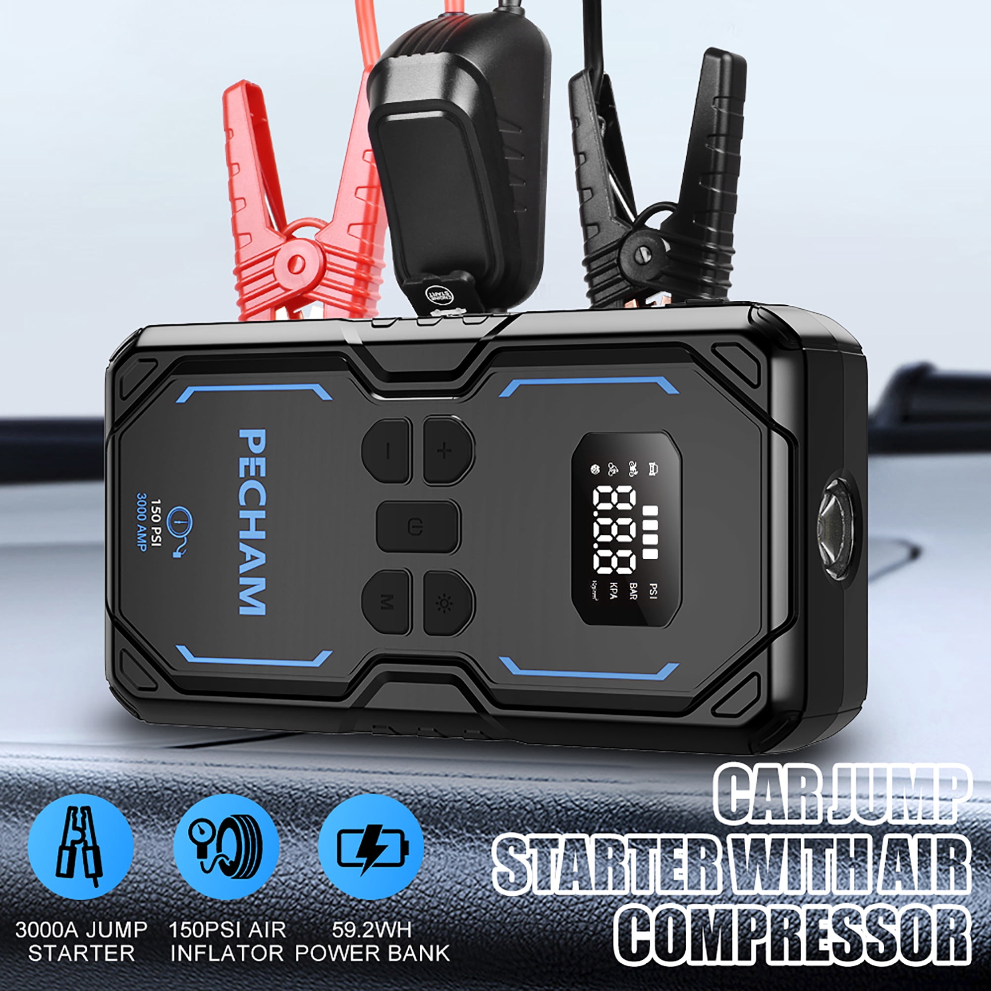 Pecham 3000A Car Jump Starter with Air Compressor, 150PSI Battery Jump Starter (for All Gas or up to 8.0L Diesel), 16000mAh Portable Car Battery Booster with LED Screen, 3 Modes Flashlight