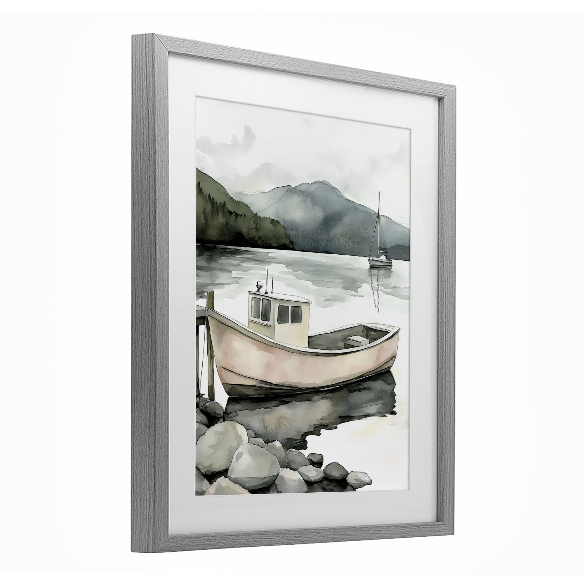Stupell Industries Coastal Calm Docked Boat Gray Framed Print Under Glass, design by Riley B