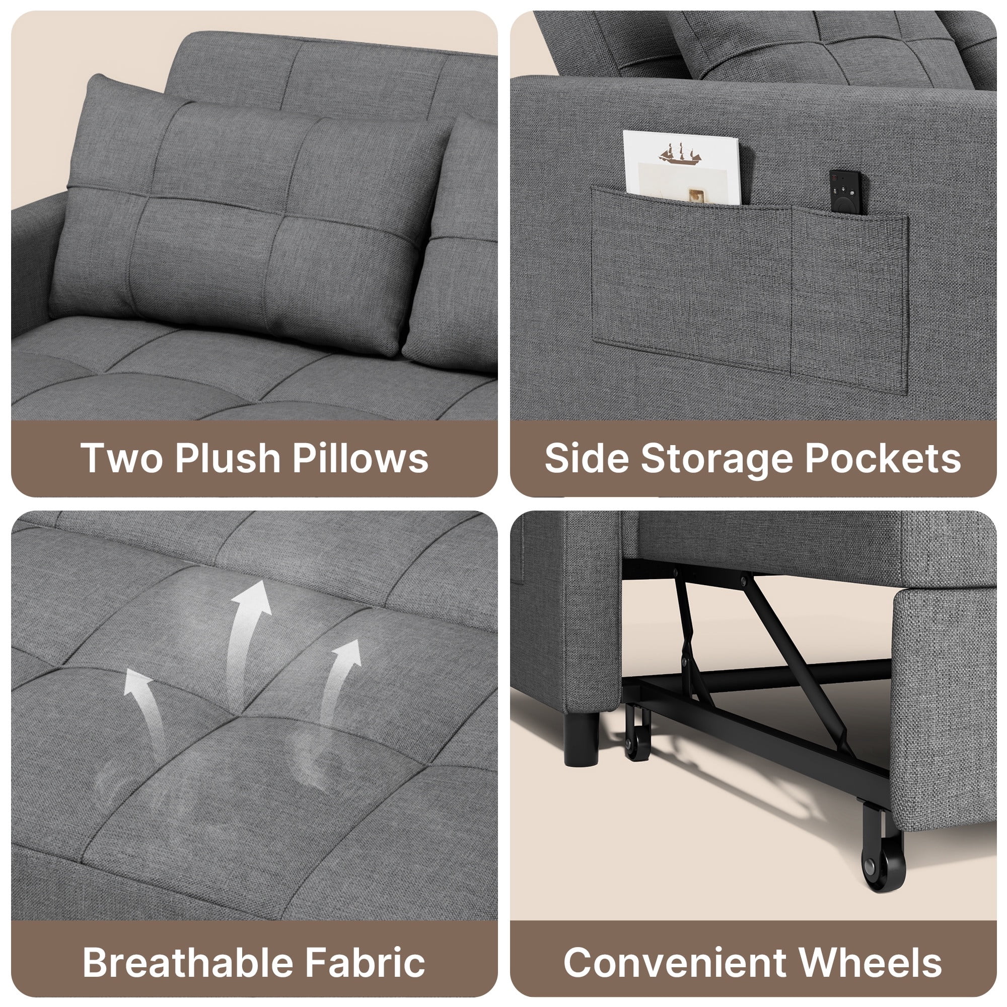 Lofka Futon Sofa Bed, 3-in-1 Sleeper Sofa with Adjustable Backrest for Living Room,Apartment,Linen Fabric,Dark Gray