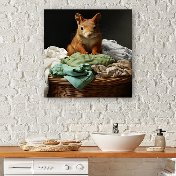 Designart "Squirrel with Laundry Towels" Illustration Canvas Wall Art - Modern Brown Laundry Hallway Wall Art Decor