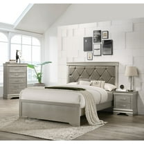 Modern 3pc King Size Panel Bed Chest Nightstand Set Solid Wood Champagne Wooden Bedroom Furniture