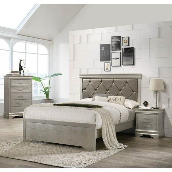 Modern 3pc King Size Panel Bed Chest Nightstand Set Solid Wood Champagne Wooden Bedroom Furniture
