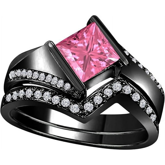 Rag Jewels 925 Sterling Silver 2.00 Ct Princess Cut Pink Sapphire Wedding Engagement Thanksgiving Christmas Bridal Ring Set 14K Black Gold Plated For Women's -5