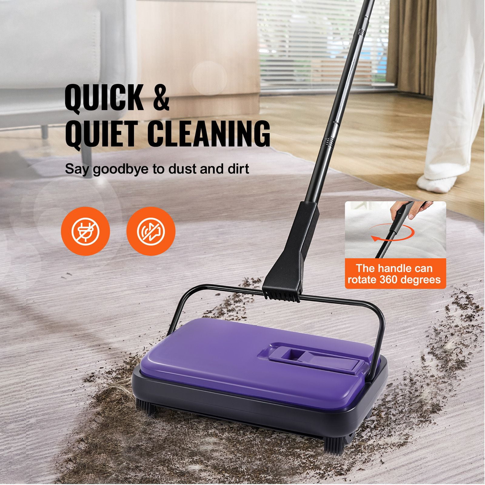 Carpet Sweeper, Manual Floor Sweeper with 300 ml Dustbin Capacity Easy to Empty, 6.7 inch Cleaning Width for Home Office Carpets Pet Hair Dust, Purple