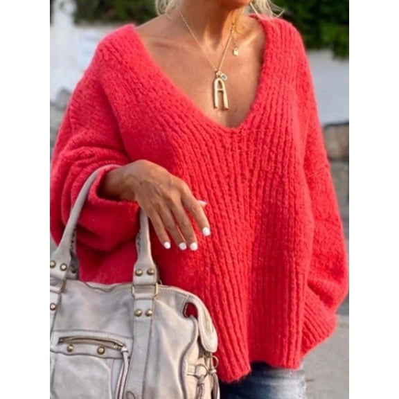 Women's Loose V-Neck Long-Sleeve Pullover Sweater