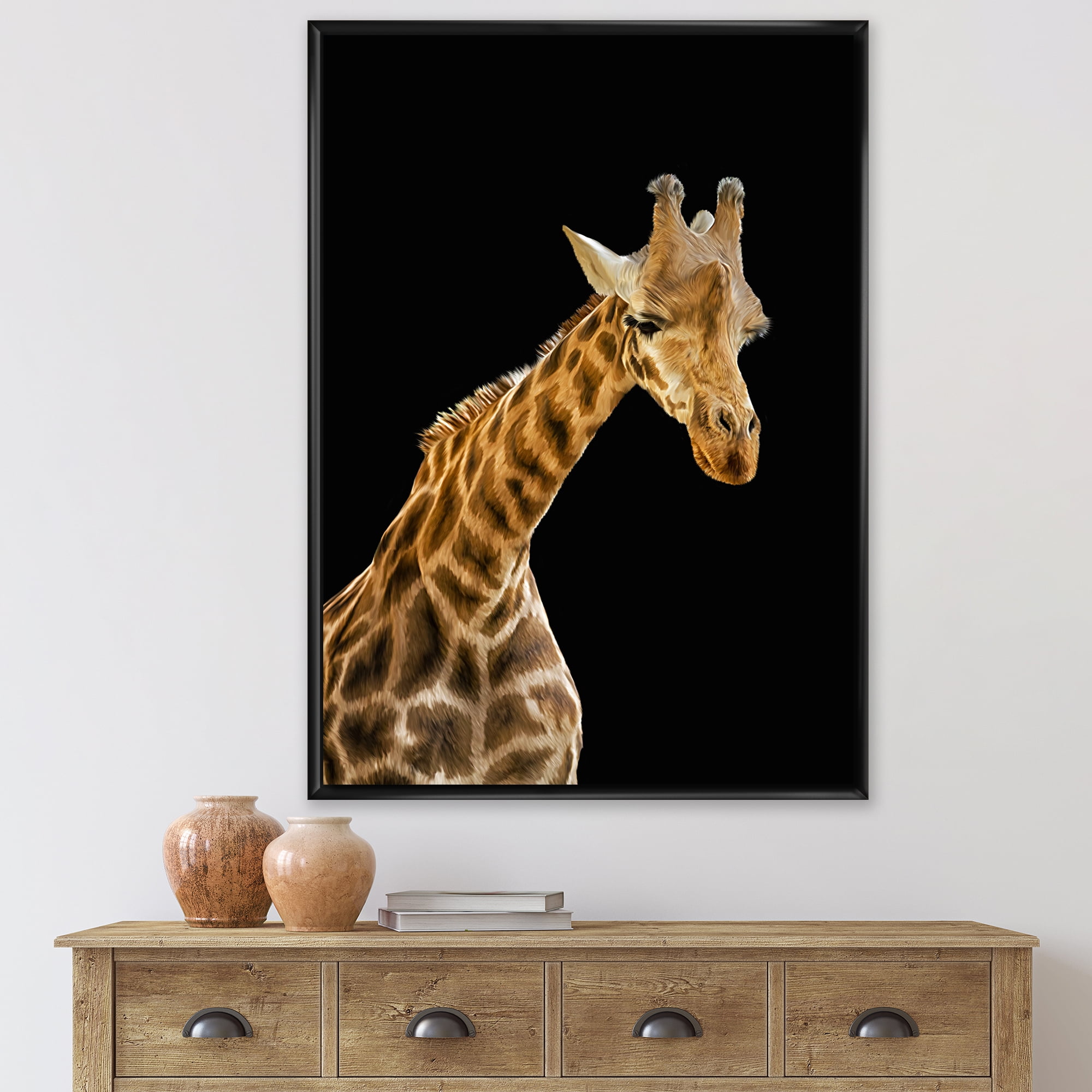 Designart 'Portrait of A Giraffe On Black Background II' Farmhouse Framed Canvas Wall Art Print