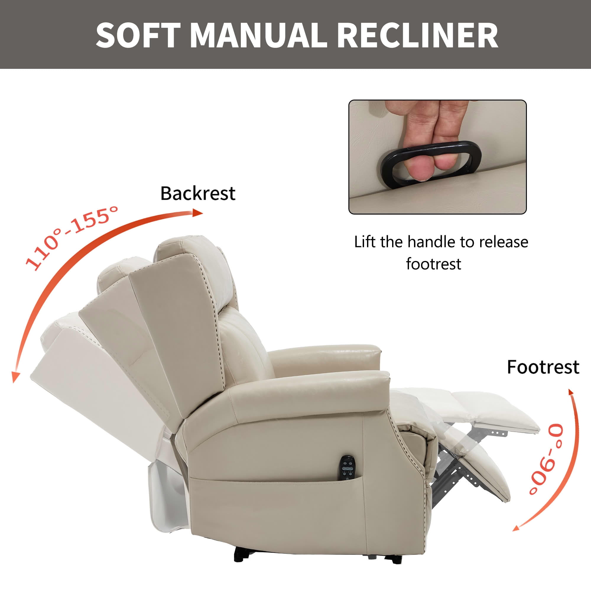 MAYEERTY Beige Faux Leather Manual Recliner Chair, 8 Nodes Massage Heat 155° 35"x38"x40" for Living Room