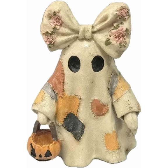 Vintage Halloween Decor Light Up Ghost Patchwork Ghost With Pumpkin Lantern Rustic Fall Figurine For Mantel Shelf Entryway Porch(Q)