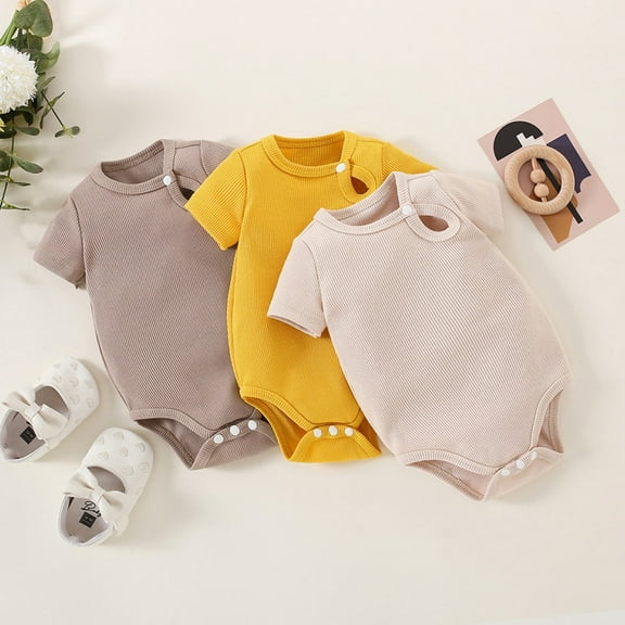 Zwiiyzr Infant Baby Boy Girl Clothes Toddler Summer Onesie Short Sleeve Thin Cotton Jumpsuit Warm Climbing Clothes for 0-3 Years Beige