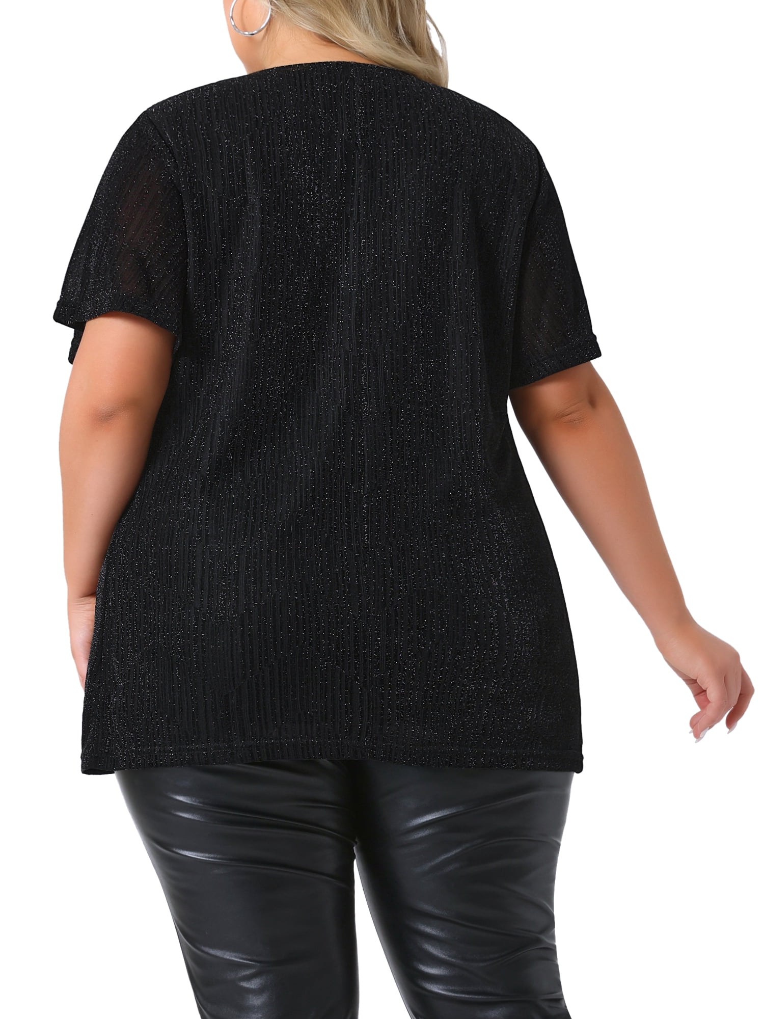 Women's Plus Metallic Tops V Neck Short Sleeve T-Shirt Party Top Glitter Blouses 3X Black