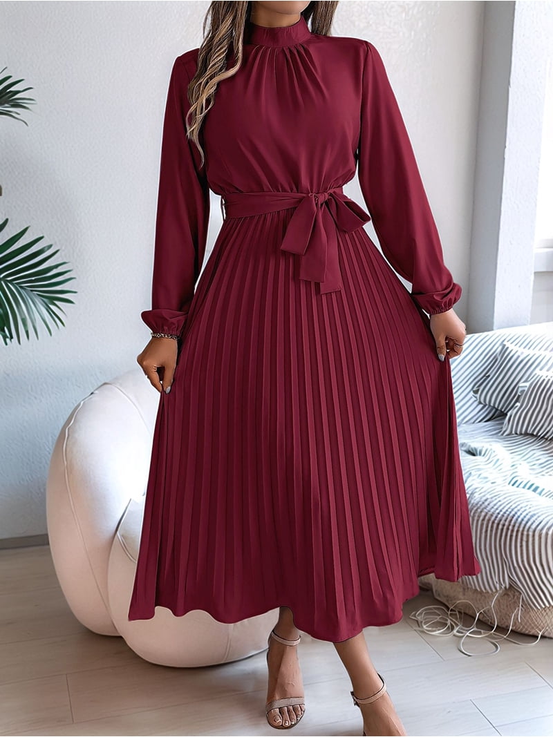 wine red semi formal dress Women'S Long Sleeve Pleated Casual Mock Neck A Line Flowy Midi Dresses with Belt M Orange Sunflower Lace