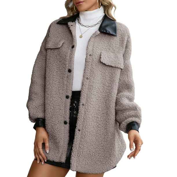 Chaqueta Sherpa para mujer, manga larga de linterna, abrigo informal de invierno cálido, chaqueta de Abanopi Café/Extragrande