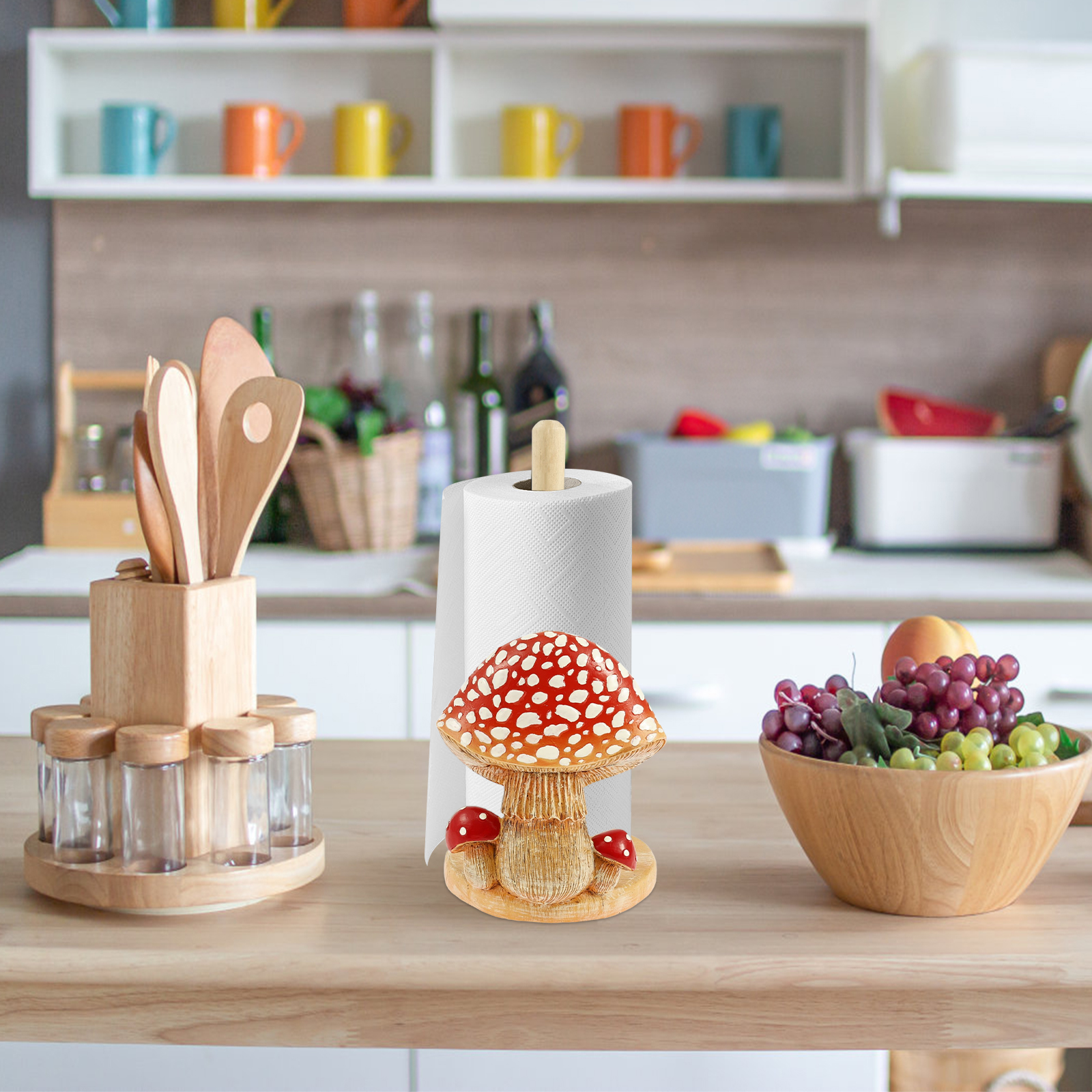 Threns Mushroom Pattern Paper Towel Holder Resin Tissue Paper Roll Display Stand Decor Unique Towel Roll Storage with Wooden Base for Home Kitchen Dining Room Countertop