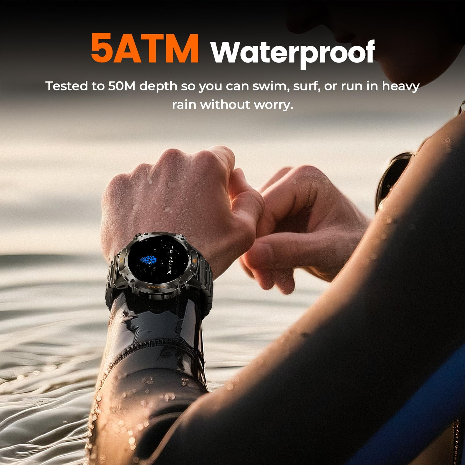 WalkerFit Smart Watch for Men, 1.43" Round AMOLED, 5ATM Waterproof, Long Battery, for iPhone Android, Stianless Steel Strap