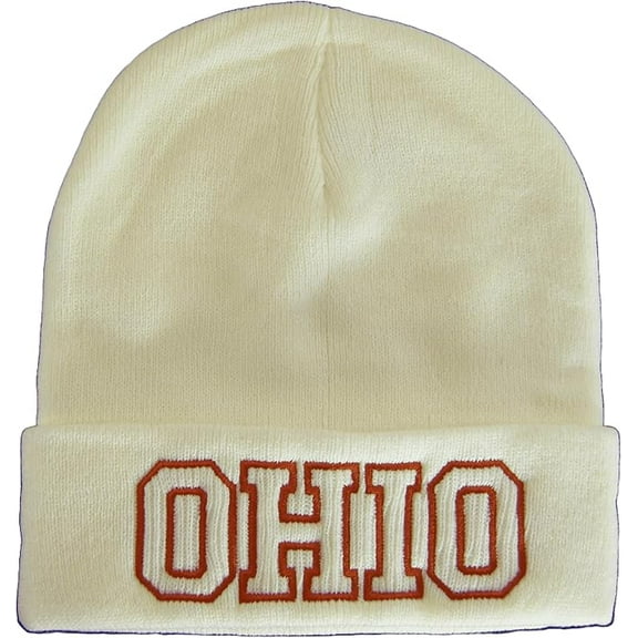 Ohio Cuffed Winter Knit Beanie Toboggan Hat (White/Red)