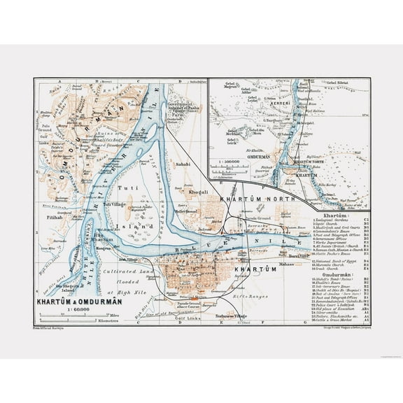 Historic Map - Khartoum Omdurman Sudan - Baedeker 1913 - 29.46 x 23 - Vintage Wall Art