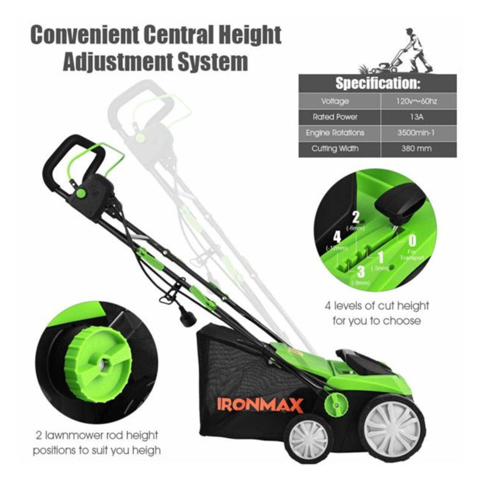 13 Inch 12 Amp Electric Scarifier with Collection Bag and Removable Blades Electric Lawn Dethatcher w/ 50L Collection Bag Green