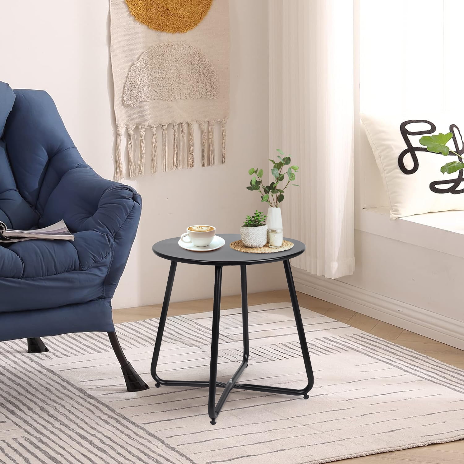CERBIOR Round Metal End Table, Modern Nightstand, Weather Resistant, Side Table for Small Spaces, Living Room, Bedroom, Balcony Yard (Bright Black)