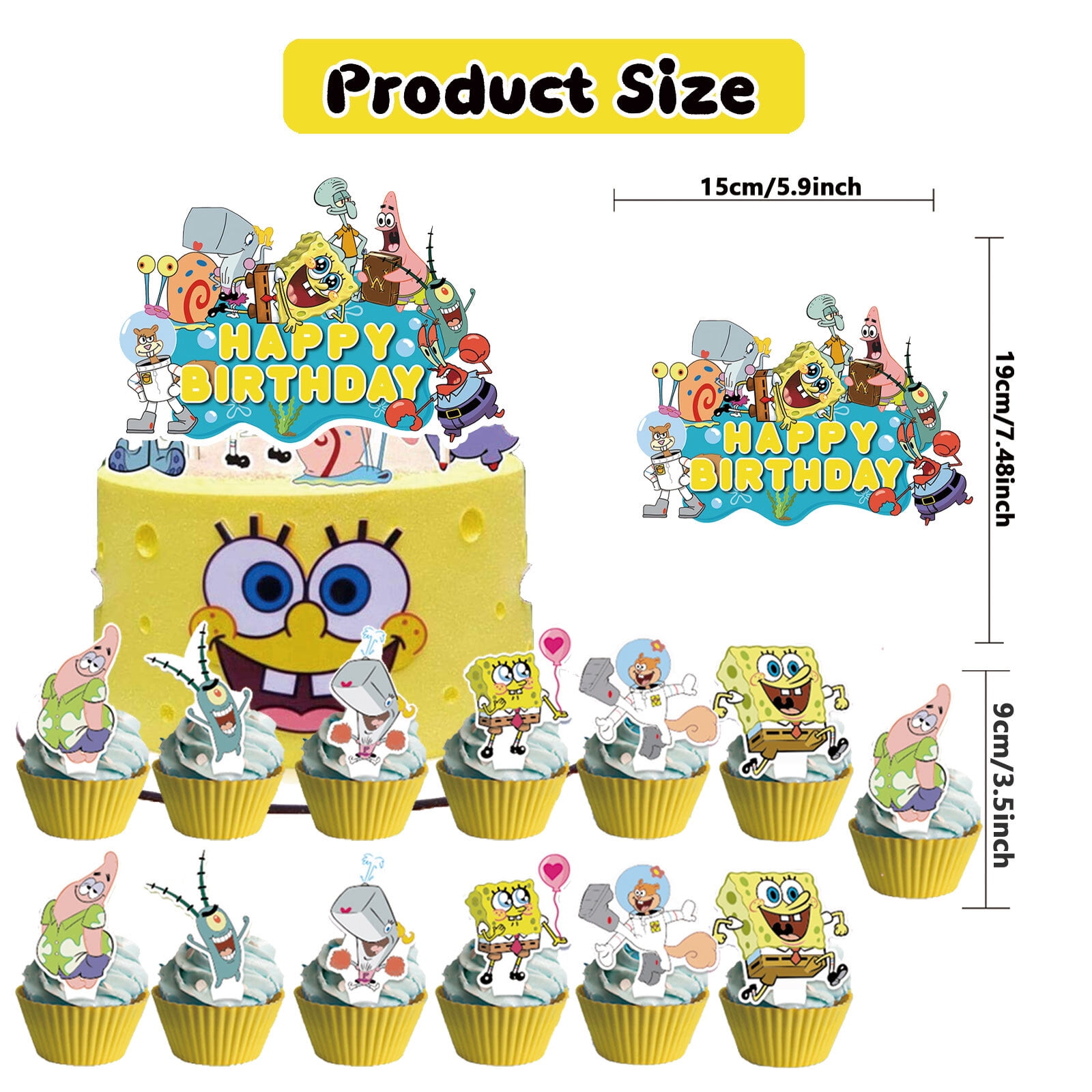 34 PCS For Spongebob Cartoon Theme Party Decorations Set,With 1 Happy Birthday Banner,20 Balloons,13 Cupcake Toppers Balloons,for Boy Girls Party Supplies Set