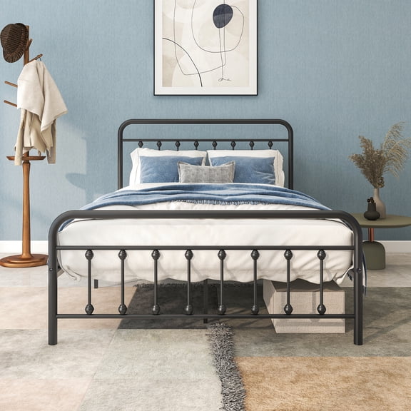 TK Metal Platform Bed Frame Victorian Style Headboard/Footboard/Under Bed Storage/No Box Spring Needed/Full Size Black