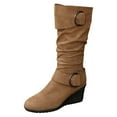 thumbnail image 5 of Rokment Slouchy Buckles Mid Calf Dress Boots for Women Ladies Fall Winter Trendy Round Toe Wedge High Heels Wide Calf Tall Boots Khaki Size 7.5, 5 of 6