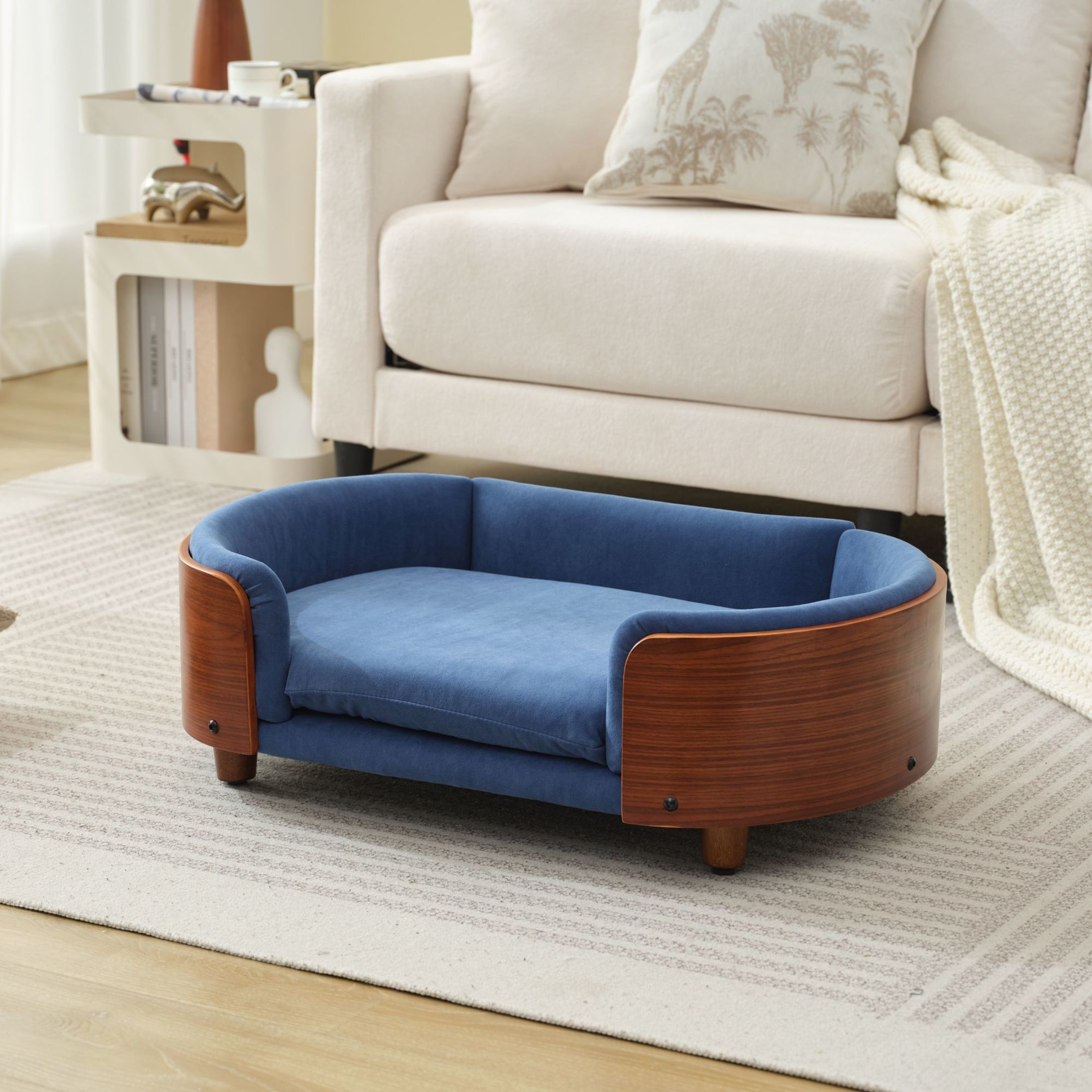 Noble House Scandinavian Elevated Small Dog Bed, Pet Sofa with Solid Wood Frame, Dark Blue and Walnut