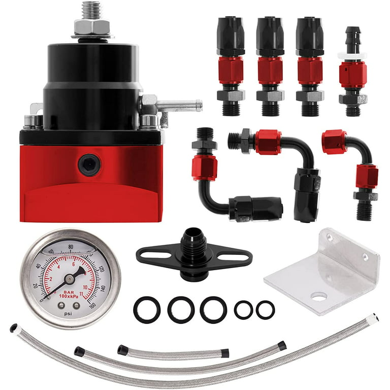 Top10 Racing Adjustable Fuel Pressure Regulator Set Universal EFI FPR with  0-160 Psi Gauge 6AN - 6AN Feed & Return Fuel Line Hose Fitting Connectors  Kit Black & Red… 