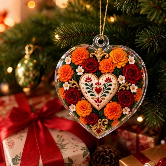 Heart Shaped Acrylic Hanging Ornament with Dia de Los Muertos Floral Design,Vibrant Colors,for Car Mirror Decor,Day of The Dead Decoration