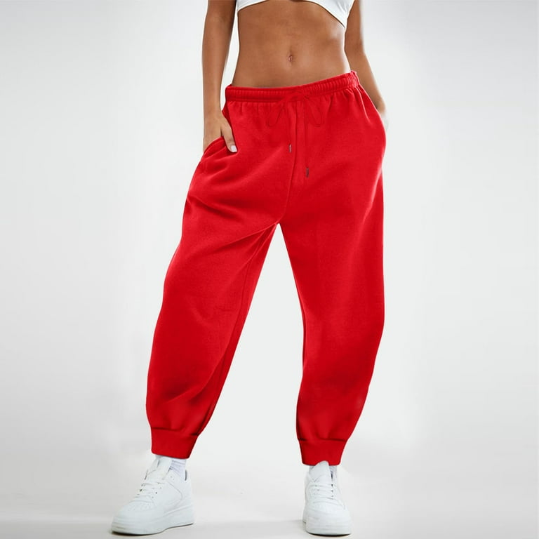 Susanny Womens Fleece Sweatpants Cinched Bottom Joggers High Waisted  Drawstring Baggy Pants Straight Leg Comfy Athletic Lounge Pants Red 4XL 