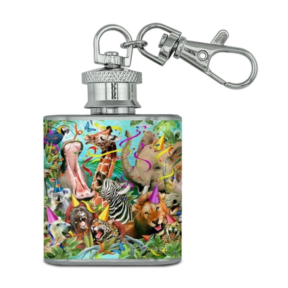 Party Animals Birthday Lion Zebra Elephant Giraffe Pattern Stainless Steel 1oz Mini Flask Key Chain