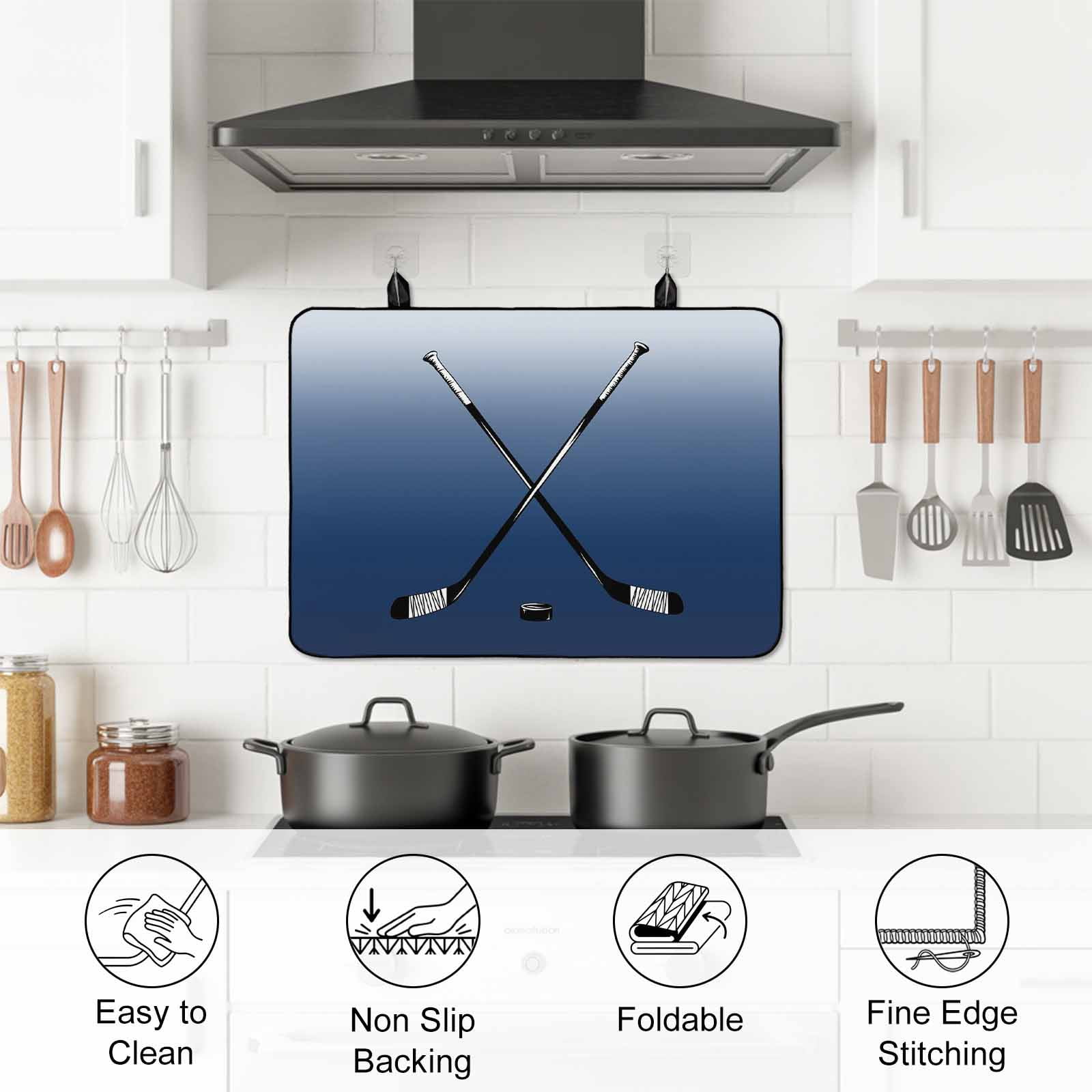 Navy Blue Ombre Stove Top Cover for Electric Stove, Heat-proof & Non Slip Glass Top Stove Cover Protector, Black Hockey Sticks Minimalist Style Kitchen Flat Cooktop Rubber Mat 24x21 Inches