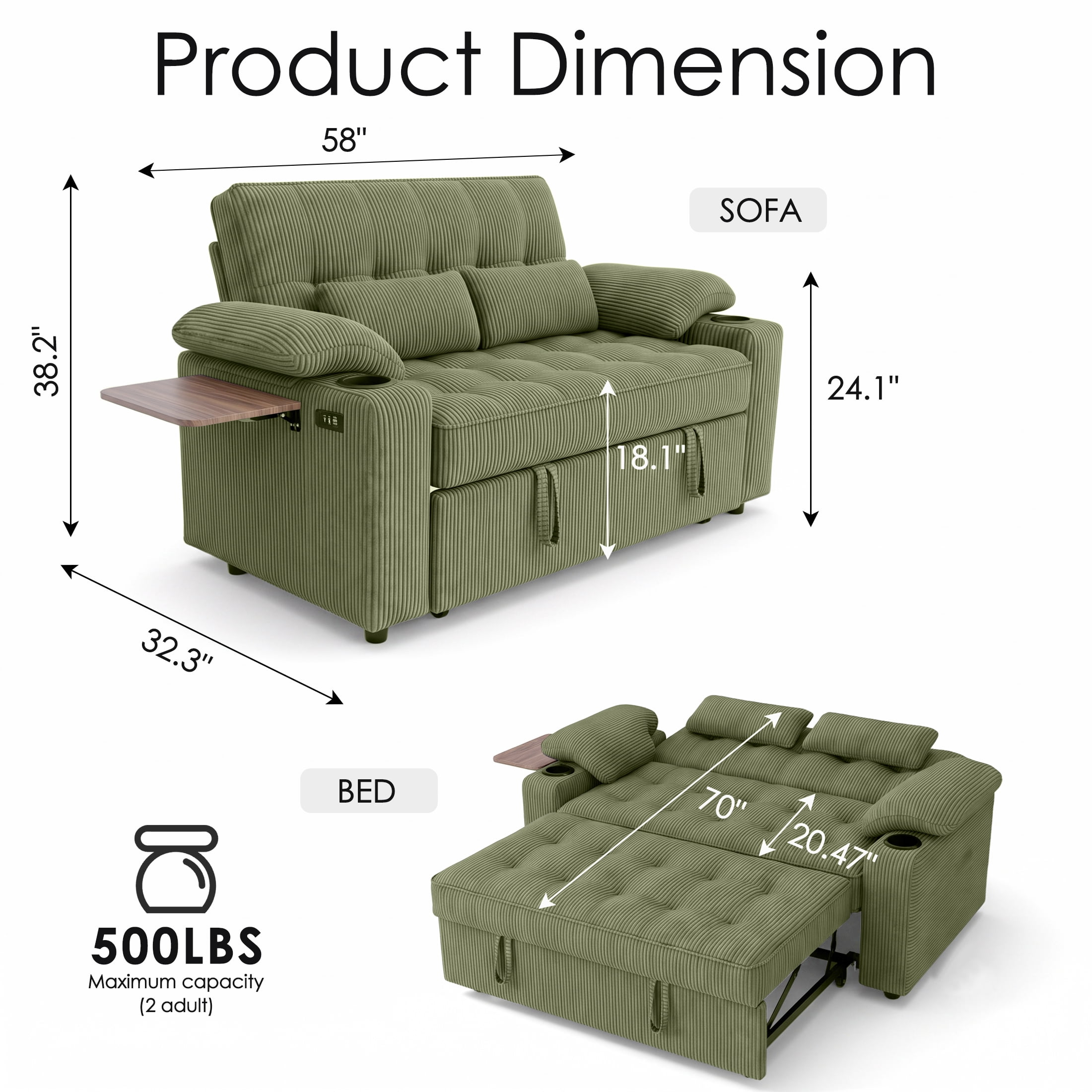 58" Convertible Sleeper Sofa Bed, Full Size Pull Out Couch with USB Charging, Cup Holders, Side Table, Adjustable Backrest, Corduroy Loveseat for Living Room, Apartment, Office (Green)