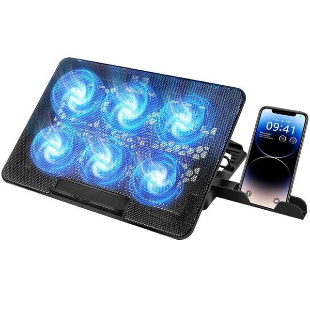 Ventilador para Laptop, Base de Refrigeración Ordenador Portátil con 6 Ventiladores Silenciosos, Enfriador Laptop de 5 Ángulos Ajustables con Luces LED y 2 Puertos USB