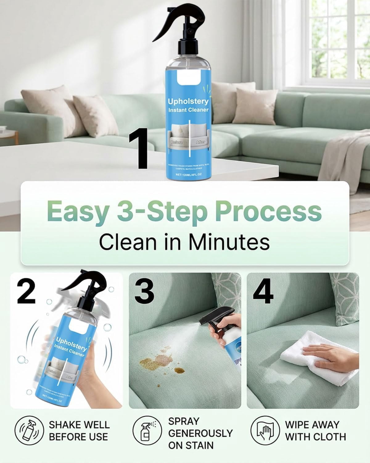 Upholstery Cleaner & Stain Remover, Professional Formula for Couches, Carpet, Car Seats | Pet, Wine, Grease & Odor Eliminator | No Residue, Fast Drying（2pcs）