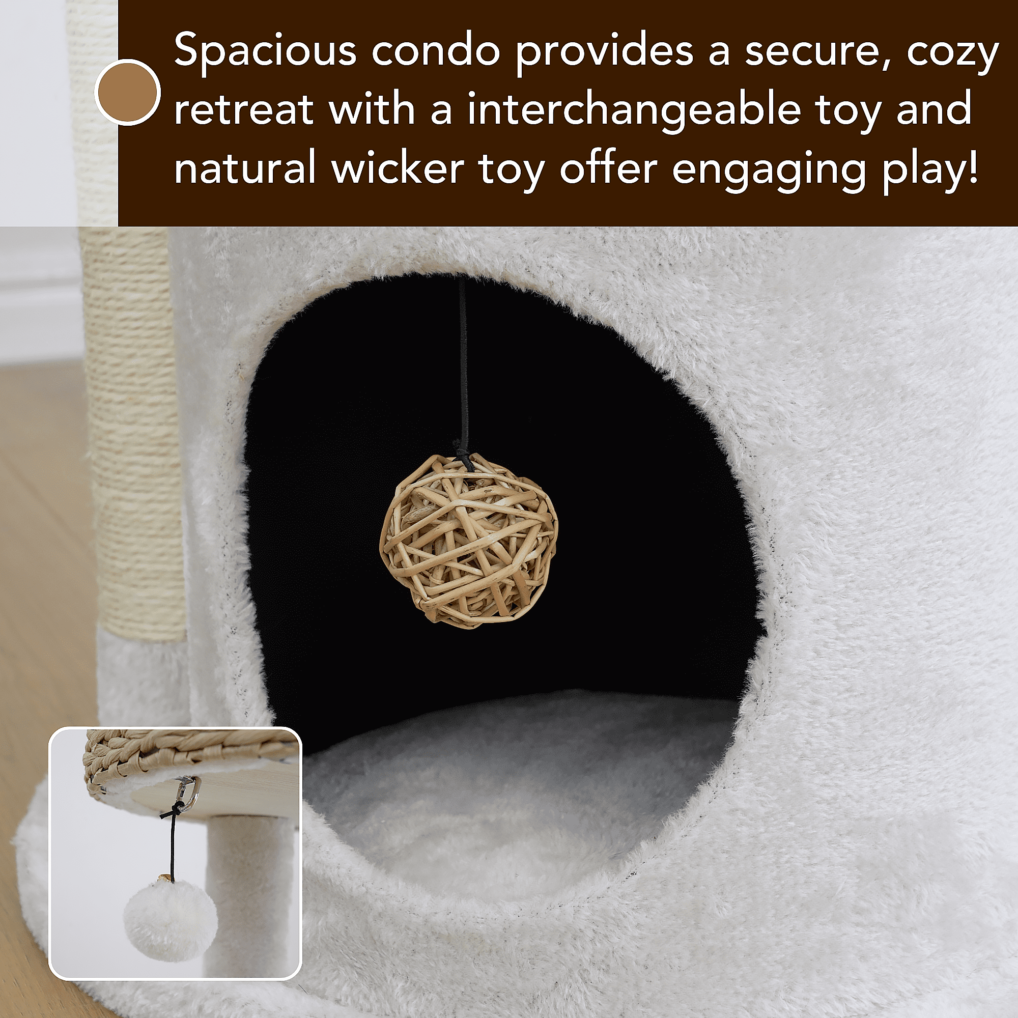PetPals®  35.8" Cat Tree with  Top Nest Bed, Natural Sisal Scratching Posts, Large Base Condo,  Cream
