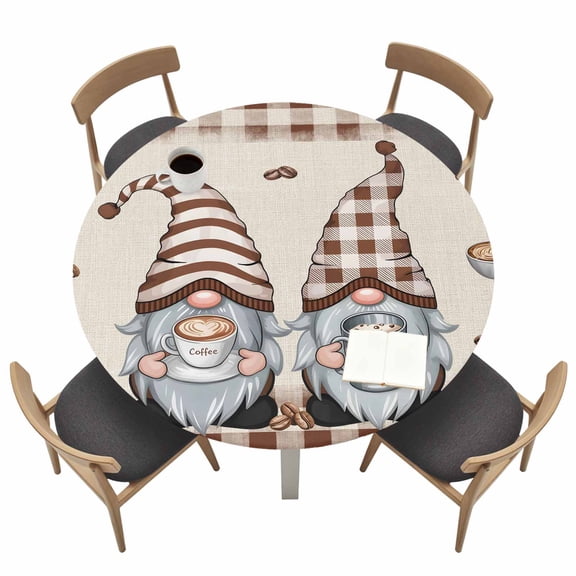 Coffee Gnomes Fitted Tablecloth with Elastic Edged, Round Table Cloth for Dining Table, Coffee Cups Beans Beige Plaid Waterproof Oil Proof Table Cover for Indoor Outdoor 36"-44"