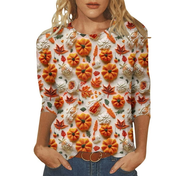 Raeneomay 3/4 Length Sleeve Womens Tops Womens Shirts 3/4 Sleeve Crewneck Cute Tops Halloween Thanksgiving Funny Ghost Print Trendy Tops Three Quarter Length T Shirt