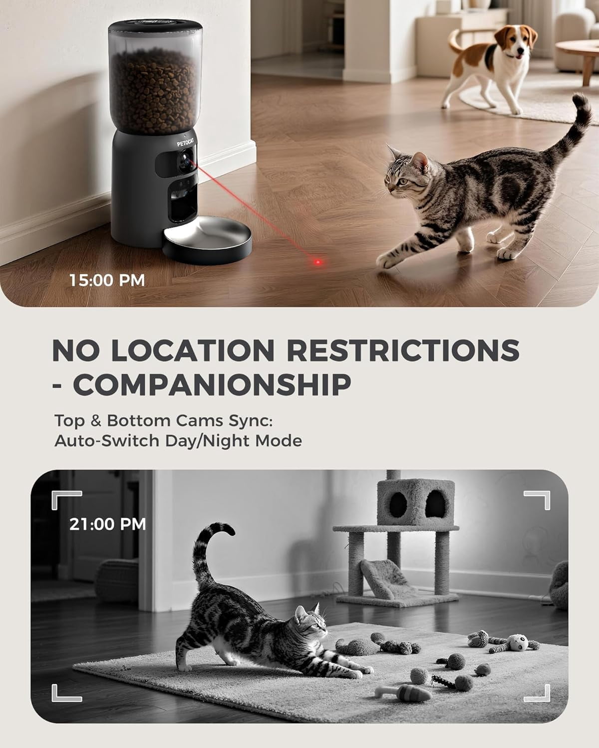 5L Automatic Cat Feeder with Dual 2K HD Camera, WiFi Food Dispenser for Cats & Small Dogs, Laser Toy & Diet Tracking