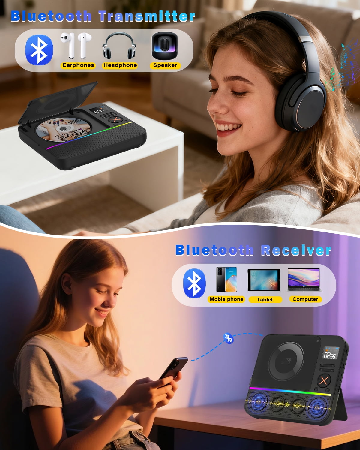 Portable CD Player with Bluetooth ,Desktop Boombox Portable CD Player Bluetooth CD Player with Speakers FM Radio & RGB Light, LED Screen for Home Support Wireless Headphones USB/AUX Headphone Jack