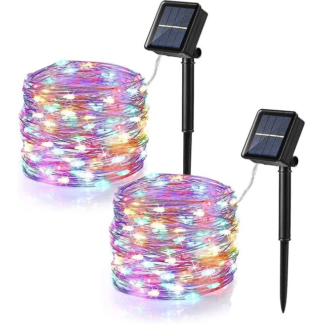Luces solares de cadena YUANXCMXG paquete de 2 12 m 100 luces LED navideñas exteriores 8 modos resistente al agua