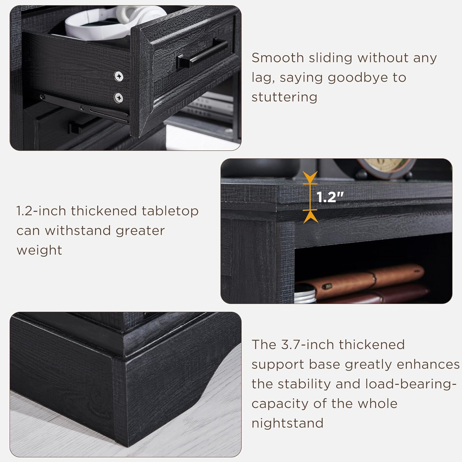 ACCOHOHO 18" Farmhouse Nightstand with Charging Station, End Table with 2 Drawers Storage, Black