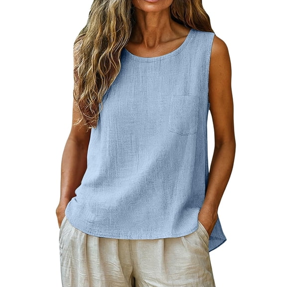 Women Cotton Linen Crew Neck Sleeveless Tank Top Solid Pocket Loose Casual Blouse 03-Blue M