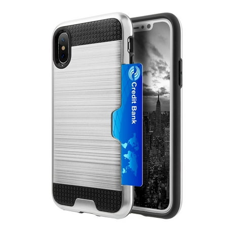 iPhone X Case, Premium Hybrid Dual Layer Shockproof Case Multifunctional Luxurious Back Cover for iPhone X - Black/ Silver ,Lightweighted, Card or Cash Slots,User