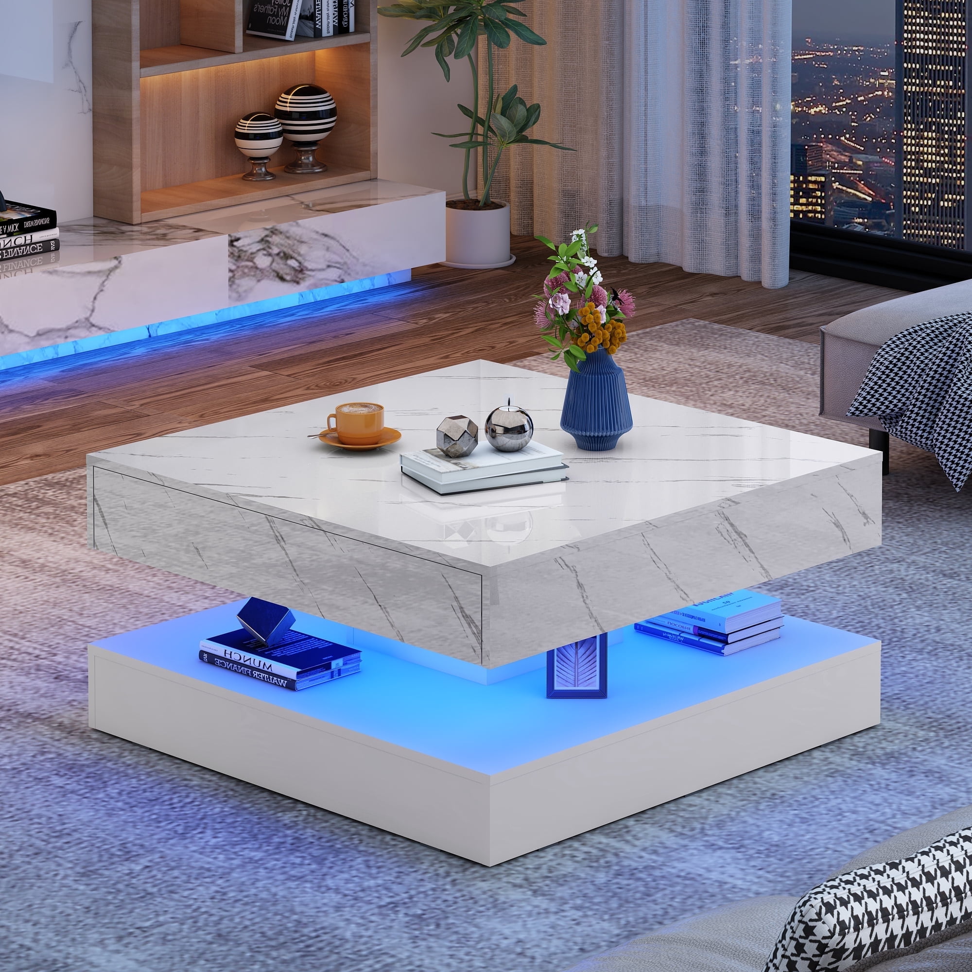 ChVans 34" LED Square Coffee Table with 2 Drawers, 2-Tier White High Glossy Coffee Table with Led lights & Storage Drawer, Modern Living Room Tables